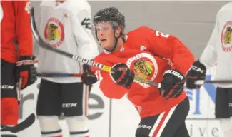  ?? FOR THE SUN-TIMES ?? Defenseman Adam Boqvist was all over the ice in the Hawks’ prospect scrimmage Friday.