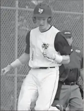  ?? Photos by Kevin Myrick,
Standard Journal ?? LEFT: CJ Culver crosses home plate for a run after scoring from third on a sacrifice fly from Kole Holder.