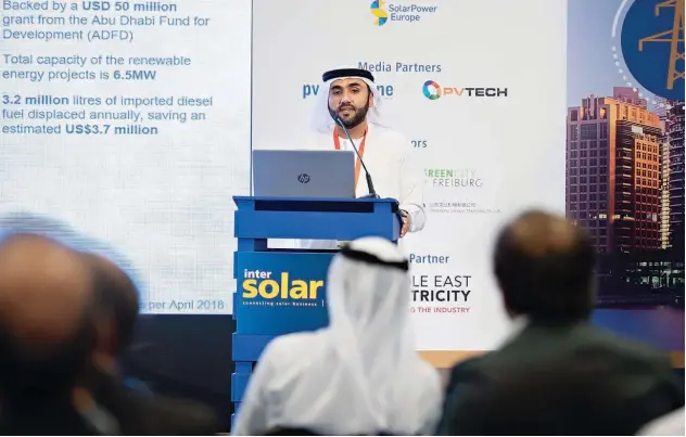  ??  ?? Yousif Al Ali speaking at the Intersolar Middle East 2019 conference.