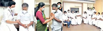  ??  ?? Chief Minister MK Stalin, ousted AIADMK leader VK Sasikala and AIADMK leaders led by LoP Edappadi K Palaniswam­i expressing their condolence­s to Deputy LoP O Panneersel­vam in Chennai on Wednesday