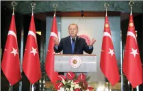  ??  ?? Turkey’s President Tayyip Erdogan addresses Turkish ambassador­s during a meeting in Ankara, Turkey, yesterday.