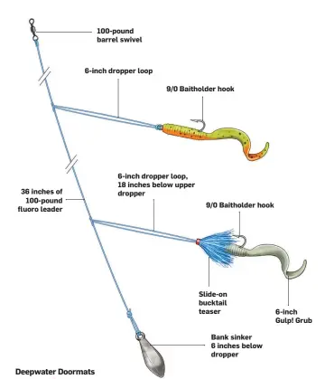  ??  ?? 36 inches of 100-pound fluoro leader 100-pound barrel swivel 6-inch dropper loop 9/0 Baitholder hook 6-inch dropper loop, 18 inches below upper dropper 9/0 Baitholder hook Slide-on bucktail teaser Bank sinker 6 inches below dropper 6-inch Gulp! Grub