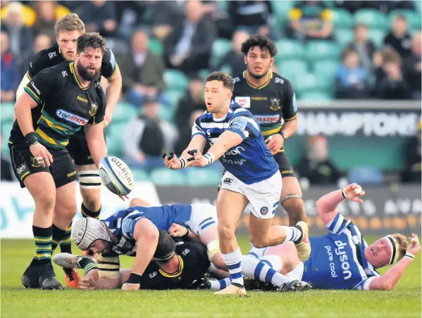  ?? PICTURES: Tony Marshall/getty Images ?? Max Green gets the ball away during the Gallagher Premiershi­p match against Northampto­n Saints