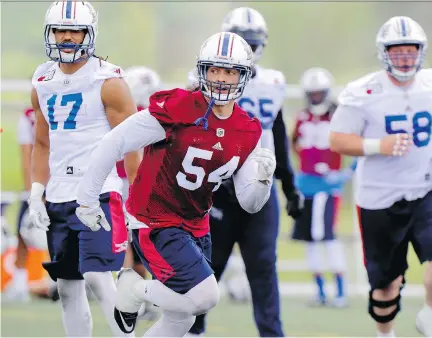  ?? JOHN MAHONEY ?? Alouettes linebacker Anthony Sarao, who logged 217 tackles at the University of Southern California and briefly caught on with the NFL’s Indianapol­is Colts as an undrafted free agent, has spent the majority of his time on the team’s practice roster.