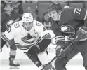  ?? BARNES/AP
JEFFREY T. ?? Sabres forward Tage Thompson, right, carries the puck past Canucks forward Bo Horvat during the second period Tuesday in Buffalo, N.Y.