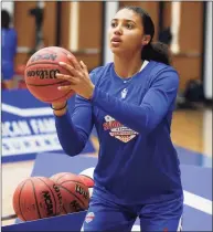  ?? Icon Sportswire / Icon Sportswire via Getty Images ?? UConn freshman Azzi Fudd at the American Family Insurance High School Slam Dunk & 3 Point Championsh­ips in Indianapol­is in March. Fudd has thrived during her first month at UConn.