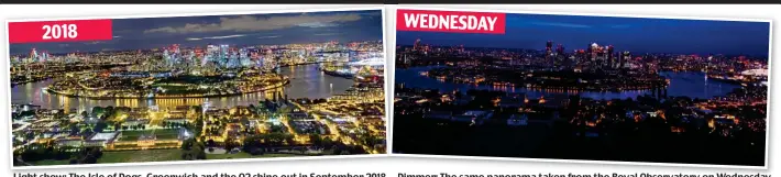  ??  ?? Light show: The Isle of Dogs, Greenwich and the O2 shine out in September 2018
Dimmer: The same panorama taken from the Royal Observator­y on Wednesday