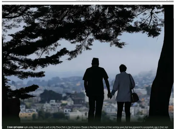  ?? (File Photo/AP/Jeff Chiu) ?? A man and woman walk under trees down a path at Alta Plaza Park in San Francisco. People in the final stretches of their working years feel less prepared to successful­ly age in their own homes than those who are 65 and older and already likely to have shifted into their retirement years. That age gap is among the key findings of The Associated Press-NORC Center for Public Affairs poll.