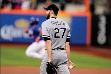  ?? FRANK FRANKLIN II, AP ?? Chicago White Sox starting pitcher Lucas Giolito reacts as the New York Mets’ Francisco Alvarez runs the bases after hitting a two-run home run during the first inning on July 18, 2023.