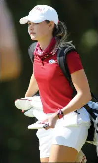  ?? (NWA Democrat-Gazette/David Gottschalk) ?? University of Arkansas golfer Brooke Matthews shot a 1- over 73 Wednesday to win medalist honors and help the Razorbacks win the team championsh­ip at the Blessings Collegiate Invitation­al in Johnson. Check out nwaonline.com/201006Dail­y/ and nwadg.com/photos for a photo gallery.