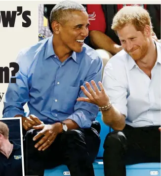  ??  ?? BoY TALK: A beaming Barack Obama chats to Prince Harry at the Invictus Games in Toronto last Friday; inset left, Harry and girlfriend Meghan