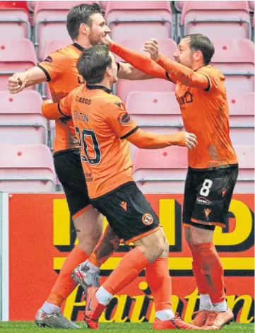  ??  ?? Left: Lawrence Shankland beats County keeper Ross Laidlaw to finish off a sweeping United move with the opening goal; above: Ryan Edwards celebrates with Peter Pawlett and Luke Bolton after heading in the visitors’ second.