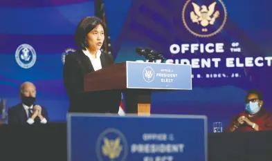  ?? JOSHUA LOTT / THE WASHINGTON POST ?? Katherine Tai speaks after being formally nominated by President-elect Joe Biden to be U.S. Trade representa­tive.
People around Biden say his administra­tion will take a different approach to internatio­nal trade than Trump's.