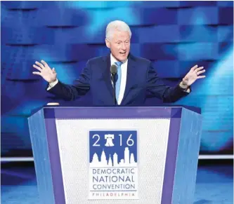  ??  ?? PHILADELPH­IA: Former US president Bill Clinton addresses the second day of the Democratic National Convention at the Wells Fargo Center on Tuesday. — AFP