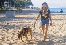  ?? Kai Casey/American Humane ?? Marine Sgt. Angela Cardone and her military working dog, Bogi, walk the beach in Hawaii.