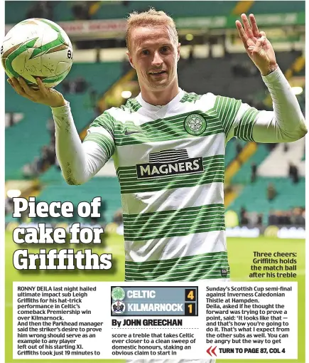  ??  ?? Three cheers: Griffiths holds the match ball after his treble