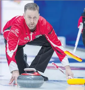  ?? ANDREW VAUGHAN/THE CANADIAN PRESS ?? After celebratin­g a repeat Brier win last month in Regina, Brad Gushue and his team will wear Canadian colours again at the World Men’s Curling Championsh­ip in Las Vegas, which should be a tad warmer than last year’s host city of Edmonton.