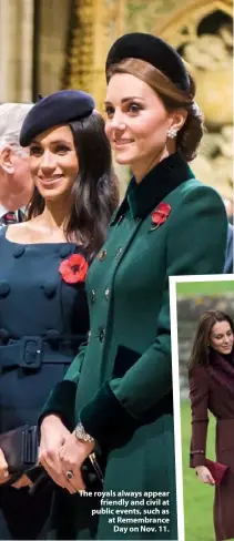  ??  ?? The royals always appear friendly and civil at public events, such as at Remembranc­e Day on Nov. 11. Kate, Charlotte, George and William on Christmas Day, 2016.