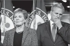  ?? AP/J. SCOTT APPLEWHITE ?? Rep. Kay Granger, R-Texas, ranking member of the House Appropriat­ions Committee, and House Minority Leader Kevin McCarthy speak at a news conference Wednesday. McCarthy, sounding lukewarm about the border security compromise, said he’d have to see the full measure before giving his full support.