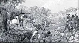  ??  ?? Legacy of Lachlan Macquarie, left, splits opinion; his sword, inset; and a picture depicting slaughter of indigenous Australian­s