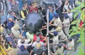  ?? RAVI KUMAR/HT ?? BJP supporters protest against ‘mishandlin­g’ of Kotkhai case by police, in Shimla on Thursday.