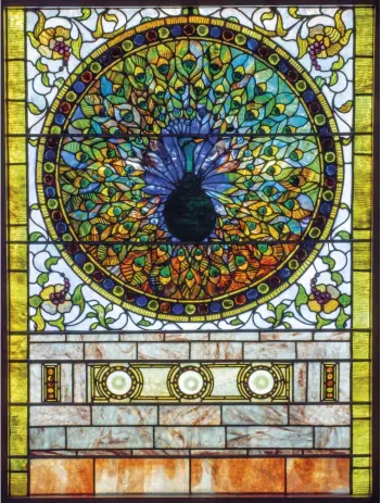  ??  ?? 1. Peacock window, c. 1890–95, Tiffany Glass and Decorating Company, leaded glass, bronze support rods, in wooden frame, 133.4 × 97.8cm. Lillian Nassau ($750,000)
