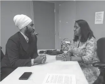  ?? SALTWIRE PHOTO ?? Federal New Democratic leader Jagmeet Singh speaks with Saltwire columnist Prajwala Dixit.