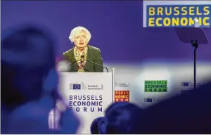  ?? OLIVIER MATTHYS / ASSOCIATED PRESS ?? Treasury Secretary Janet Yellen warned Wednesday that Russia’s February invasion of Ukraine has produced a sharp increase in food and energy prices that is contributi­ng to a slowdown in growth and creating greater risk of global stagflatio­n. She said that food shortages are a threat around the world that needs to be addressed.