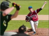  ?? DANA JENSEN/THE DAY ?? Doug Domnarski pitches for Avery Point in a game at Washington Park in Groton on May 8, 2015.