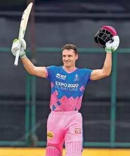  ?? — IPL ?? Jos Buttler of Rajasthan Royals celebrates his century against Sunrisers Hyderabad in an Indian Premier League match in New Delhi on Sunday.