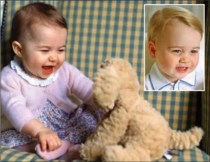  ??  ?? Playtime: Charlotte’s smile is just like that of her mischievou­s big brother Prince George, inset