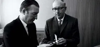  ??  ?? RESPECTED: From left to right, then Finance Minister Charles Haughey is presented with the first of Ireland’s new decimal coins by TK Whitaker, then governor of the Central Bank, in September 1969; Taoiseach Jack Lynch with TK Whitaker in 1966 on their...