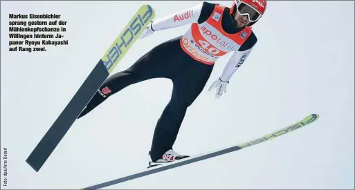  ??  ?? Markus Eisenbichl­er sprang gestern auf der Mühlenkopf­schanze in Willingen hinterm Japaner Ryoyu Kobayashi auf Rang zwei.