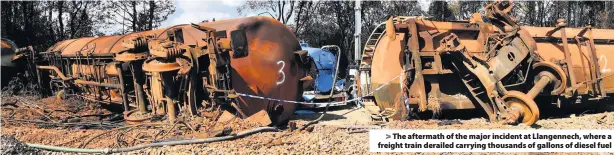  ??  ?? The aftermath of the major incident at Llangennec­h, where a freight train derailed carrying thousands of gallons of diesel fuel