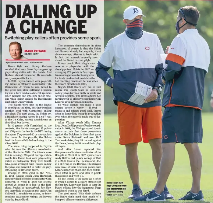  ?? GETTY IMAGES ?? Bears coach Matt Nagy ( left) and offensive coordinato­r Bill Lazor chat during camp.