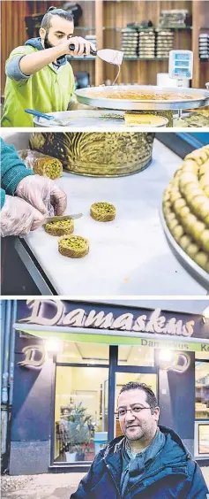  ??  ?? (From top) Drizzling honey onto a Knaffa. • Tamem Al Sakka is seen working in his pastry shop, ‘Konditorei Damaskus’. • Tamem is glad he took a gamble with his pastry shop.