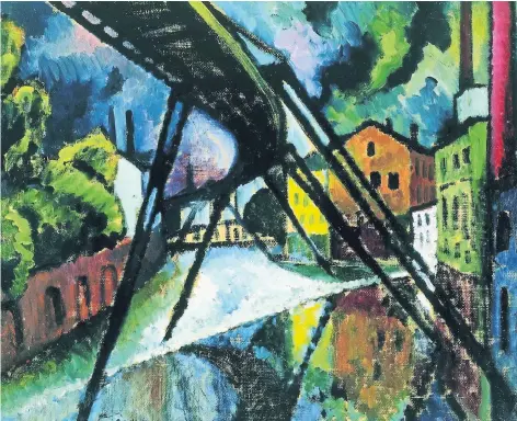  ??  ?? Die Wuppertale­r Schwebebah­n, so wie Adolf Erbslöh sie im Jahre 1912 malte.