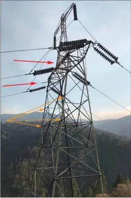  ?? COURTESY OF DARIO DE GHETALDI ?? Orange arrows point to a missing arm of the transmissi­on tower at the Camp Fire origin site near Poe Dam after it was removed by Cal Fire for evidence. Red arrows point to remnants of “jumper” cables, which transfer power from one line to another.