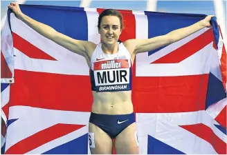  ??  ?? ■Laura Muir celebrates her British record-breaking run in Birmingham yesterday.
