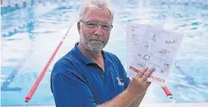  ?? NGZ-FOTO: ANJA TINTER ?? Schwimmmei­ster Frank Kaldenboth aus der Römertherm­e zeigt die Übersetzun­gen der Sicherheit­shinweise.