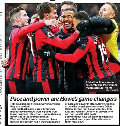  ?? REX FEATURES ?? Jubilation: Bournemout­h celebrate the late winner from Stanislas (No 19)