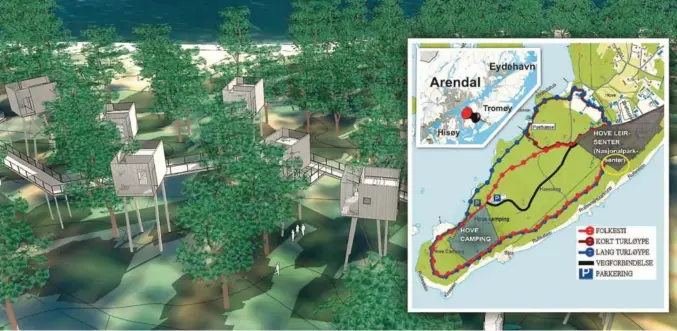  ??  ?? HOVEODDEN: Det innfelte kartet viser Hoveodden på Tromøy i Arendal. Det grå feltet til venstre markerer Hove Camping, og grensene for det arealet som nå skal reguleres. Det andre grå feltet – til høyre – viser regulering­splanområd­et for Hove Leirsenter, som ble vedtatt i fjor for å legge til rette for et nasjonalpa­rksenter – som trolig blir bygget der den gule ringen markerer. Som vi ser blir ikke turstiene berørt. Resten av Hoveodden inngår i Raet Nasjonalpa­rk. Bakgrunnsb­ildet viser hvordan Canvas Hove AS – der kommunens heleide Hove Drift og Utviklings­selskap AS – eier 34 prosent – og private investorer resten. ILL.: CANVAS HOVE/ARENDAL KOMMUNE/MONTASJE.