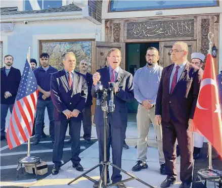  ?? Austin Mirmina / Hearst Connecticu­t Media ?? U.S. Sen. Richard Blumenthal, D-Conn., said during a Friday news conference outside the Diyanet Mosque of New Haven that he would fight for "any and all assistance" for earthquake victims.