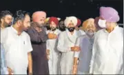  ?? PTI ?? Punjab Congress chief Navjot Singh Sidhu with Cm-designate Charanjit Singh Channi and other Congress leaders.