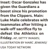  ?? AP, GETTY IMAGES; ILLUSTRATI­ON BY MARC JENKINS/ USA TODAY NETWORK ?? Inset: Oscar Gonzalez has given the Guardians a boost since his promotion from the Clippers. Main: Luke Maile celebrates with teammates after hitting a walk-off sacrifice fly to defeat the Athletics on Friday.