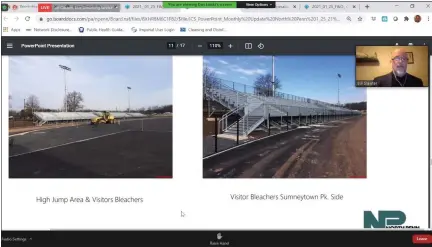 ?? SCREENSHOT OF ONLINE MEETING ?? Project constructi­on manager Bill Slawter, inset, shows photos of recently rebuilt bleachers at North Penn High School’s Crawford Stadium to the school board facilities and operations committee on Monday.