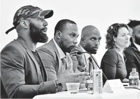  ?? AP ?? Current and former NFL players Malcolm Jenkins, left, Anquan Boldin and Devin McCourty took part in a March criminal justice issues session at Harvard.