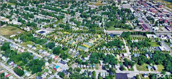  ?? PORT/LORAIN BUILDING, HOUSING AND PLANNING DEPARTMENT ?? This aerial view shows what a potential new housing developmen­t could look like on Lorain’s former Stoveworks site. On April 5Lorain City Council voted 10-0to use up to $100,000 in grant money to buy five parcels to redevelop the site.