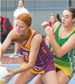  ?? ?? Right: Playing her first game for Drouin, Shanara Notman gains front position against Leongatha defender Kayla Redpath in A grade on Saturday.