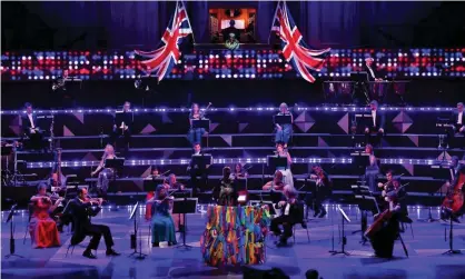  ??  ?? Conductor Dalia Stasevska with a reduced orchestra who performed live at the Royal Albert Hall but without an audience due to coronaviru­s restrictio­ns. Photograph: Chris Christodou­lou/BBC/PA